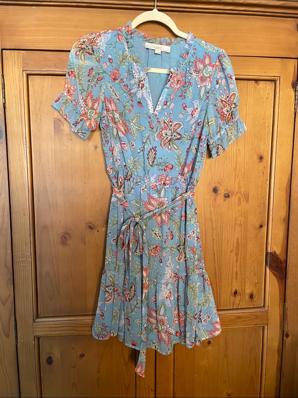 LOFT Sky Blue Floral Tie-Waist Dress